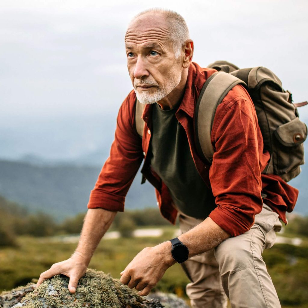 an older man with a backpack hiking up a hill