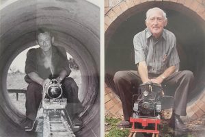 collage of young and older Frank Thompson riding a model train