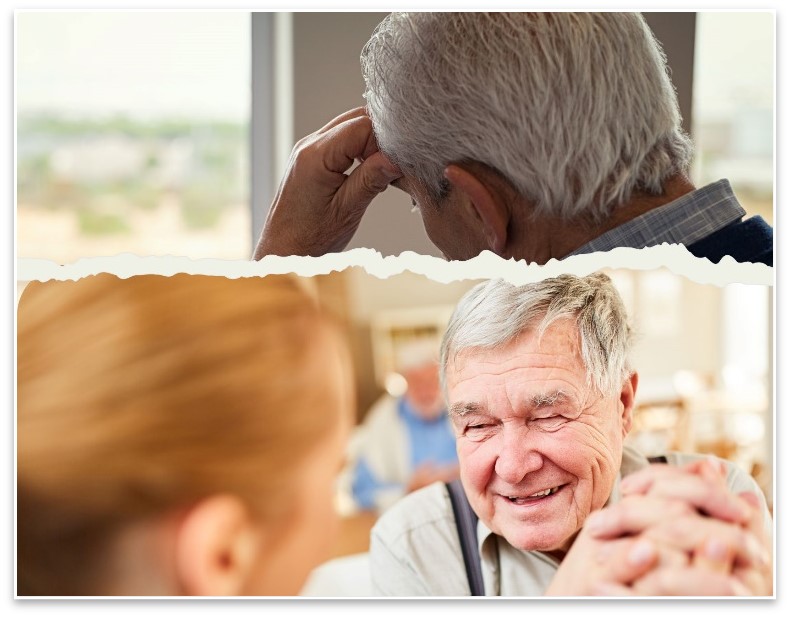Donation Page Header montage of two photos; one showing a lonely older man from behind and the other a smiling older man in another person's company